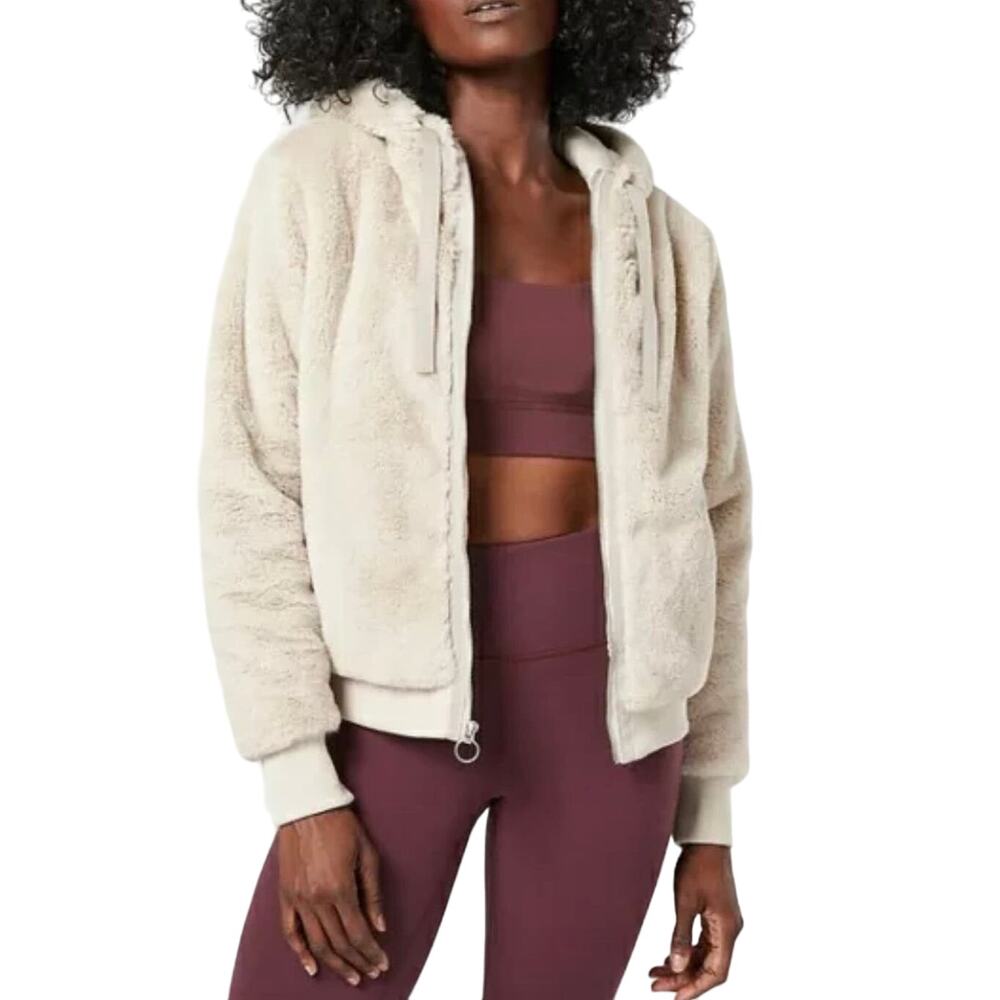 ATHLETA Ritual Faux Fur Bomber Hoodie Jacket Abalone Grey Sz. XS